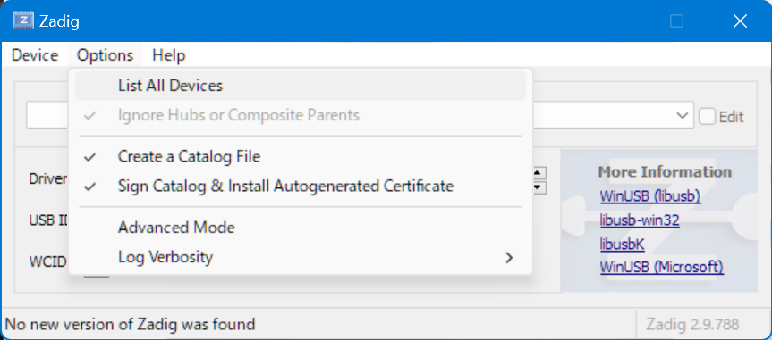 Zadigの「Options」メニューから「List All Devices」を選択する